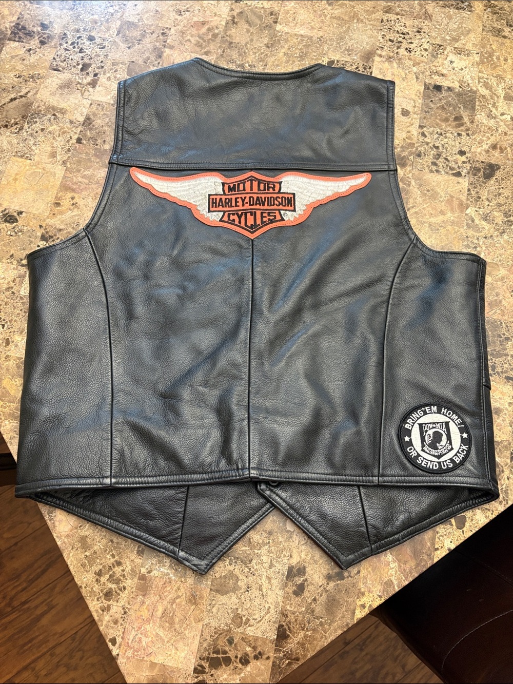 Harley-Davidson Black Leather Vest with Orange & White Wing Patch
